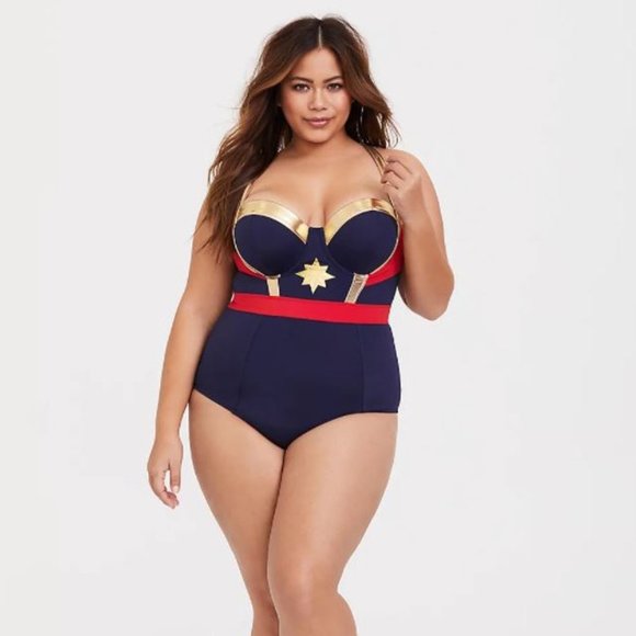NWT Torrid Captain Marvel Bathing Suit Wireless One-Piece Swimsuit Size 0 - Picture 1 of 14